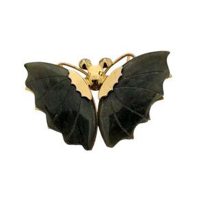 Vintage Gold Tone & Green Butterfly Brooch Pin With Jade Wings 2" Wide